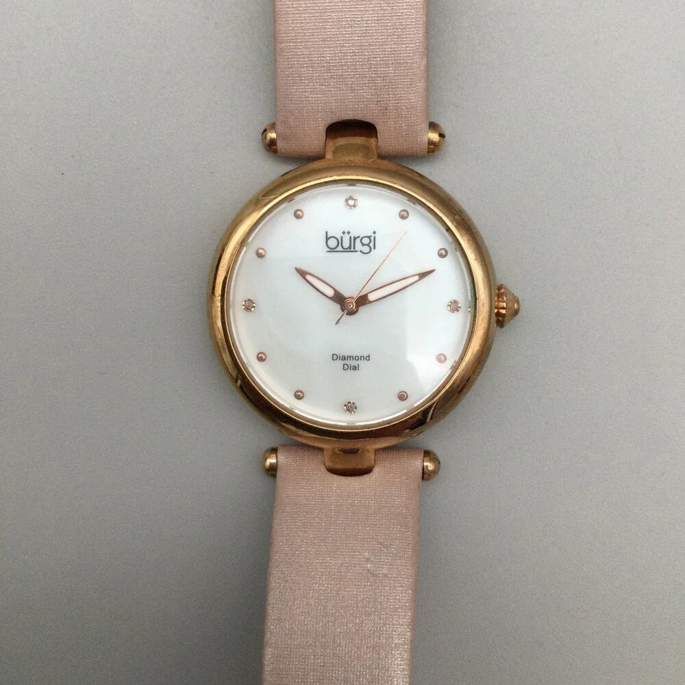 Burgi Womens Watch 35mm MOP Diamond Dial Rose Gold Tone Pink Leather New Battery